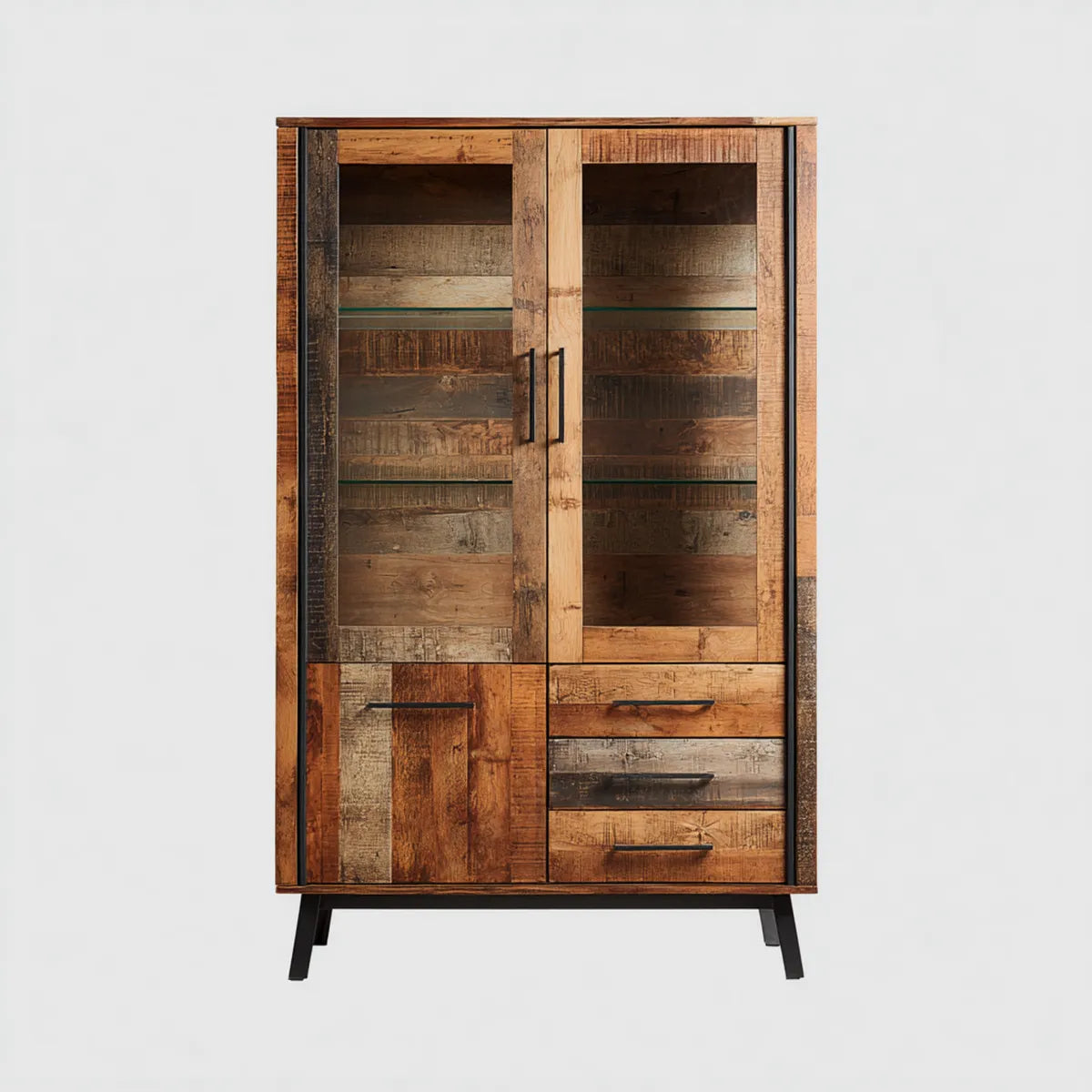 Vitrine de rangement rectangulaire marron et noir en bois massif de manguier et verre 100 x 40 x 180 cm