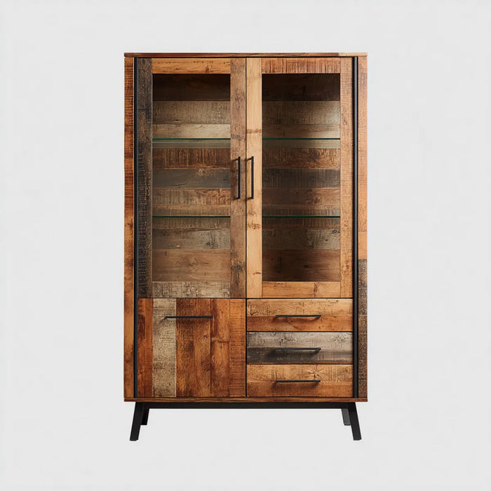 Vitrine de rangement rectangulaire marron et noir en bois massif de manguier et verre 100 x 40 x 180 cm