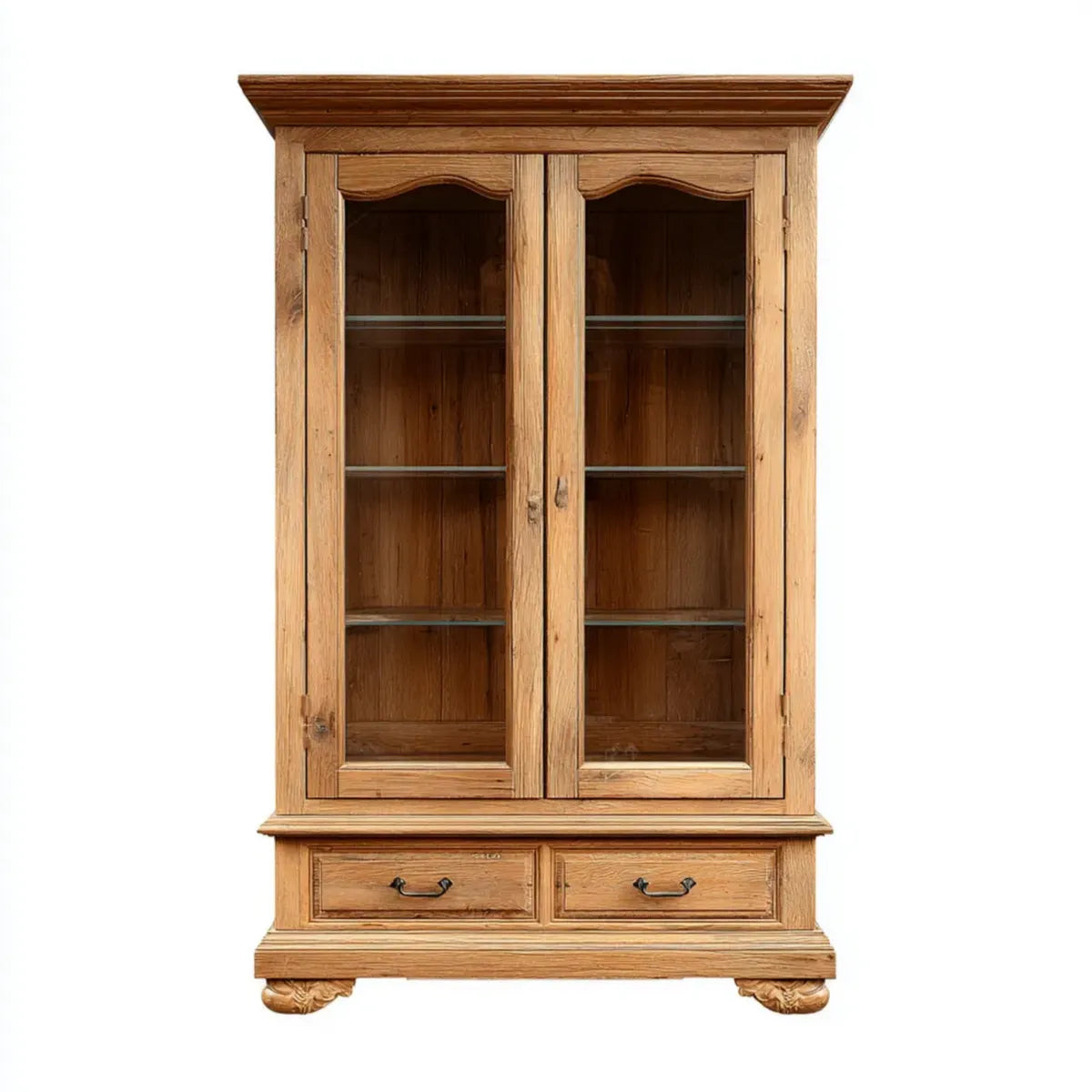 Vitrine de salon rectangulaire marron en pin massif avec 2 portes vitrées et 2 tiroirs 100 x 45 x 190 cm