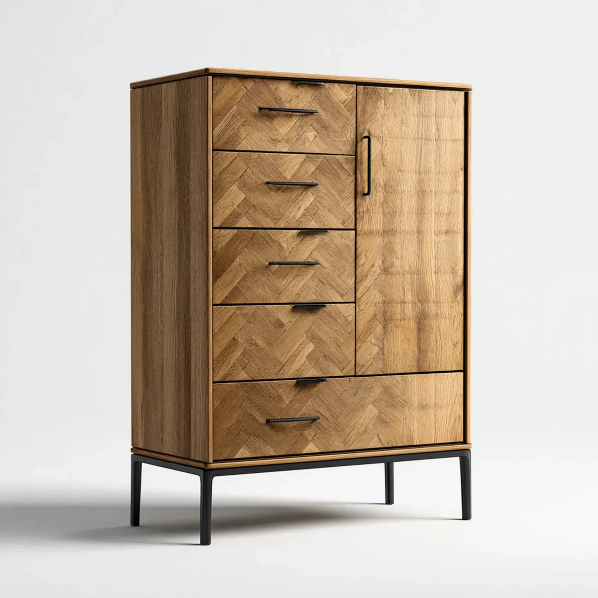 Armoire de rangement rectangulaire 5 tiroirs 1 porte chêne naturel noir L 90 x P 40 x H 120 cm