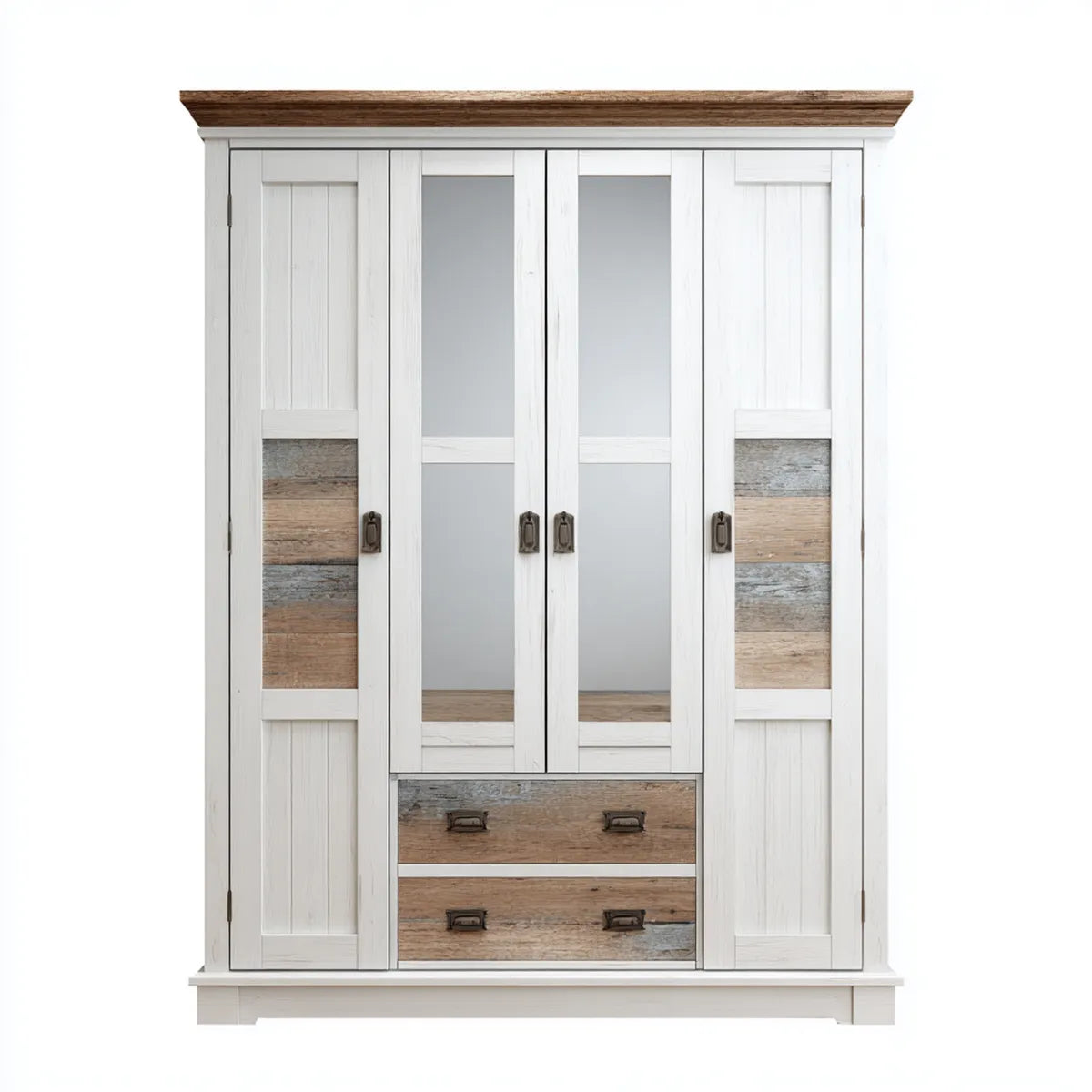 Armoire de chambre 4 portes 2 tiroirs blanche marron 200 x 60 x 210 cm en panneaux de particules rectangulaire