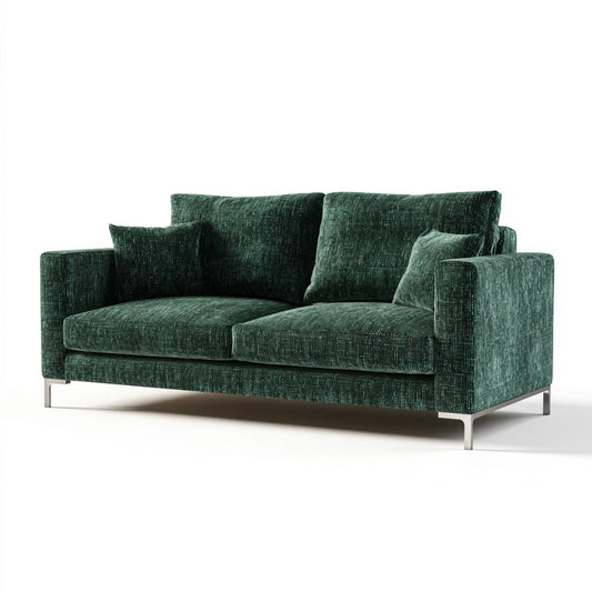 Canapé 2 places vert foncé en polyester chenille avec pieds en acier inoxydable forme droite L 180 x P 90 x H 85 cm
