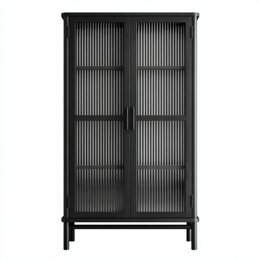 Armoire vitrine de salon noire à 2 portes en verre trempé strié 90 x 40 x 180 cm rectangulaire