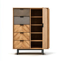 Armoire de rangement rectangulaire en chêne naturel et gris 100 x 45 x 180 cm avec 5 tiroirs et 1 porte