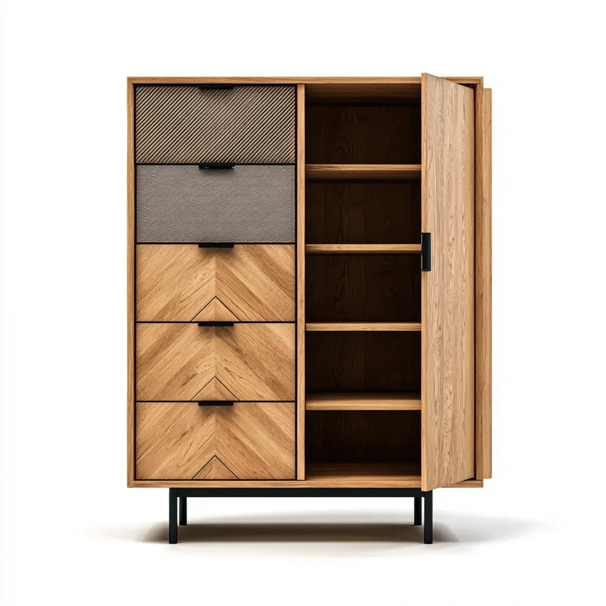 Armoire de rangement rectangulaire en chêne naturel et gris 100 x 45 x 180 cm avec 5 tiroirs et 1 porte