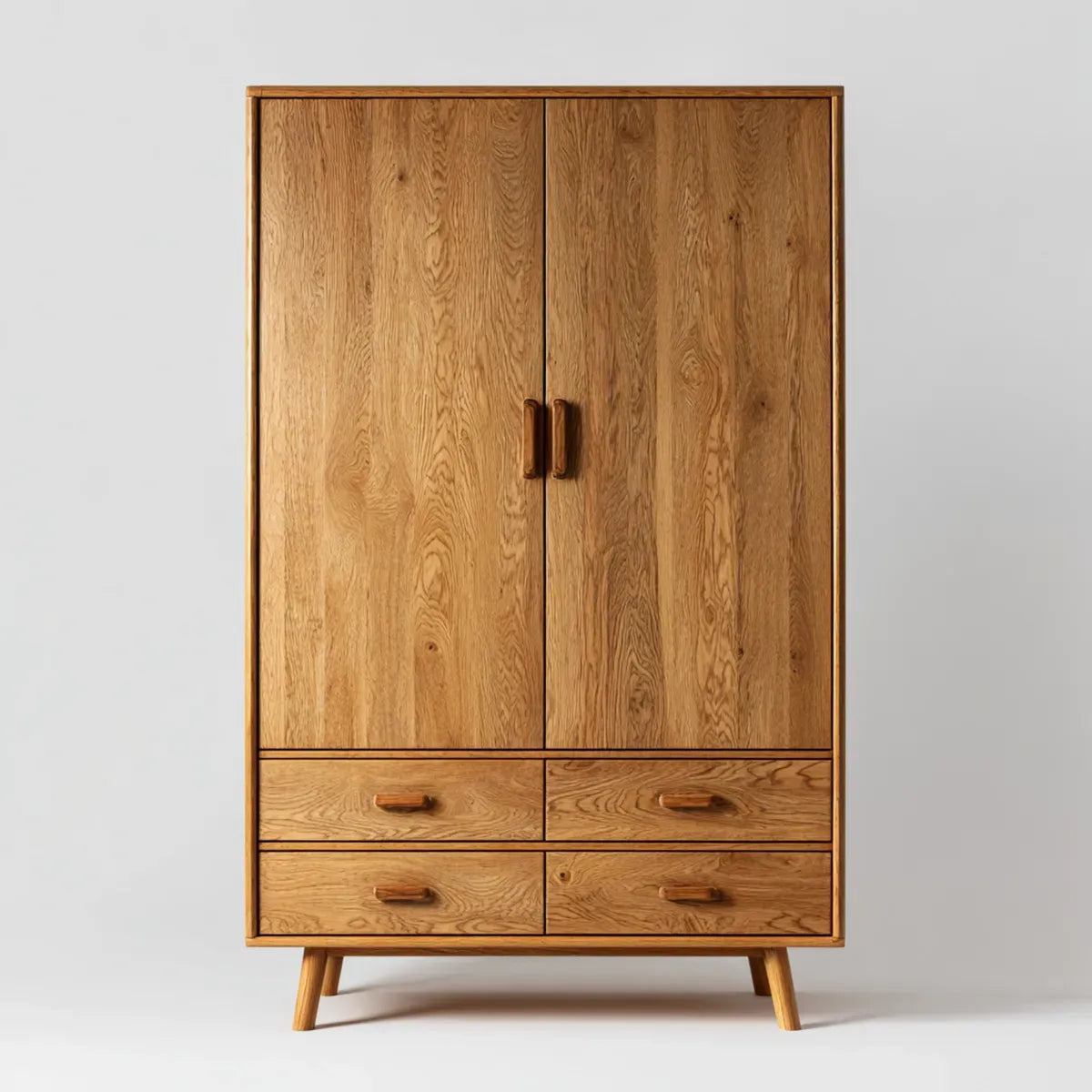 Armoire 2 portes 4 tiroirs en chêne massif naturel rectangulaire 100 x 55 x 190 cm