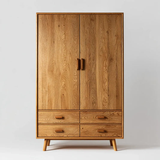 Armoire 2 portes 4 tiroirs en chêne massif naturel rectangulaire 100 x 55 x 190 cm