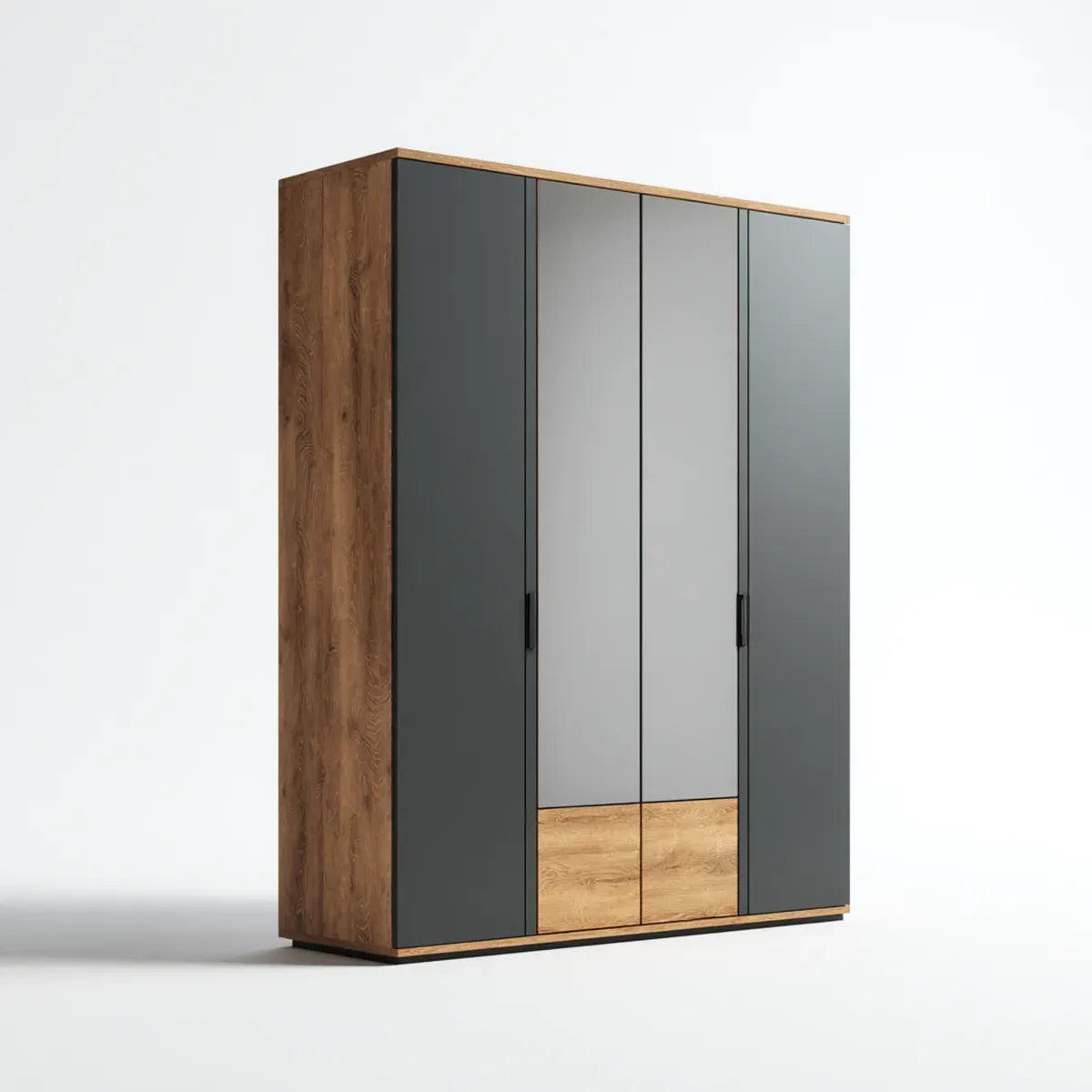 Armoire de chambre 4 portes gris anthracite et décor chêne avec miroirs 180 x 60 x 200 cm en panneaux de particules rectangulaire