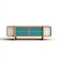 Buffet bas 4 tiroirs turquoise et beige en MDF plaqué chêne 180 x 40 x 75 cm rectangulaire