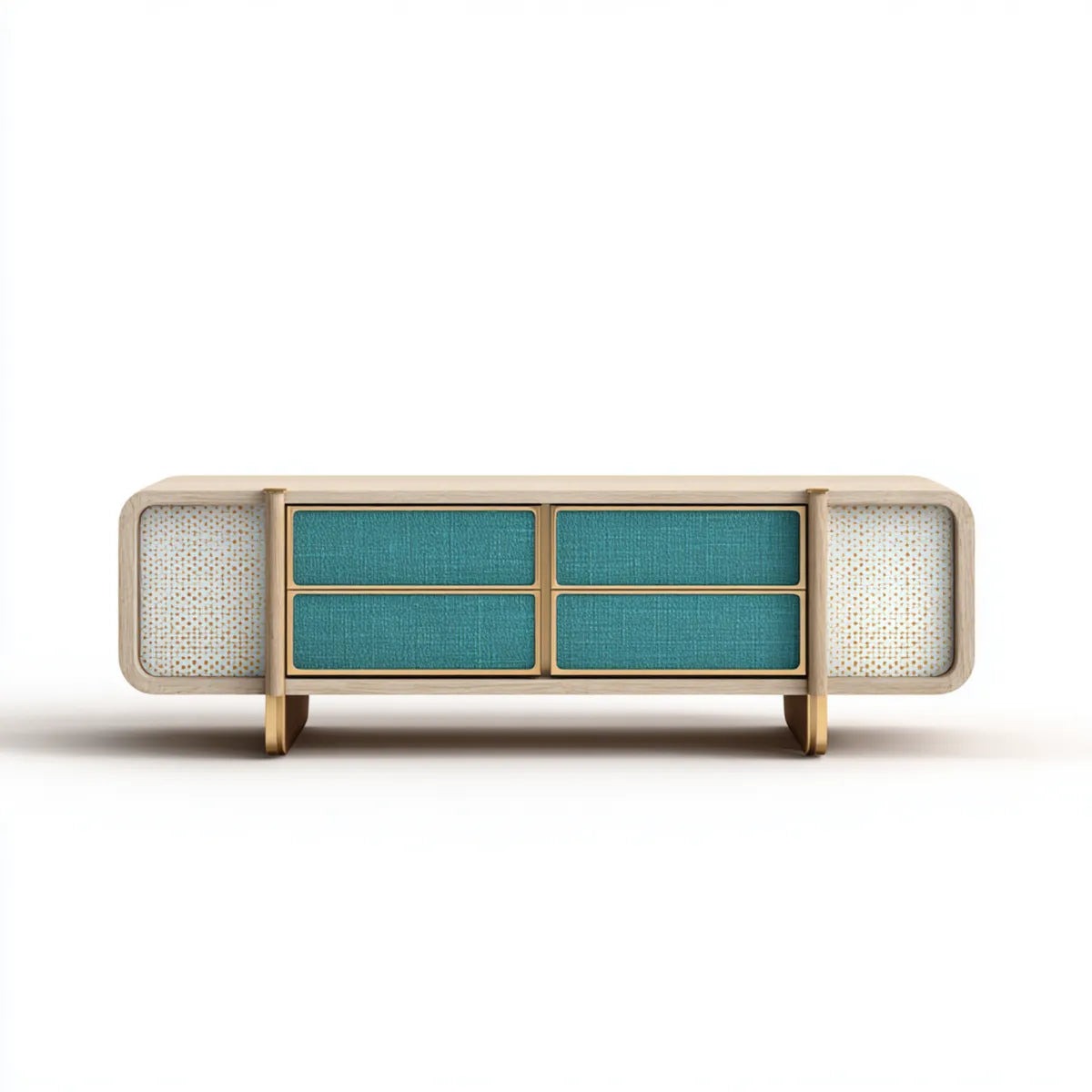 Buffet bas 4 tiroirs turquoise et beige en MDF plaqué chêne 180 x 40 x 75 cm rectangulaire