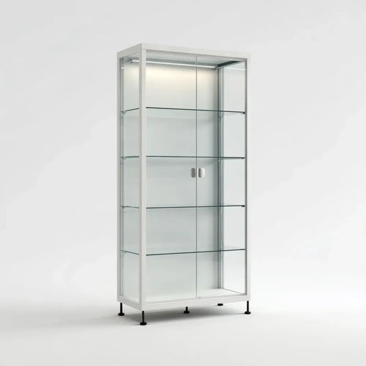 Vitrine de salon 2 portes blanche en acier et verre trempé rectangulaire 80 x 40 x 180 cm