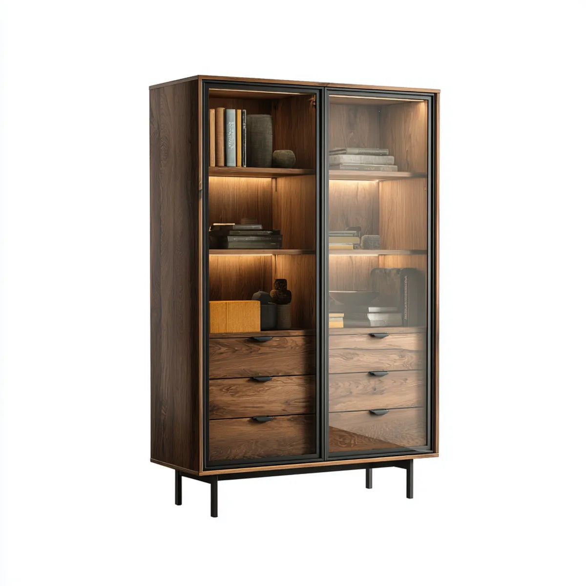 Vitrine de salon 2 portes vitrées noyer foncé 100 x 40 x 180 cm MDF plaqué noyer rectangulaire