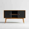 Buffet bas à portes coulissantes noir et bois 140 x 40 x 85 cm en bois massif et MDF rectangulaire