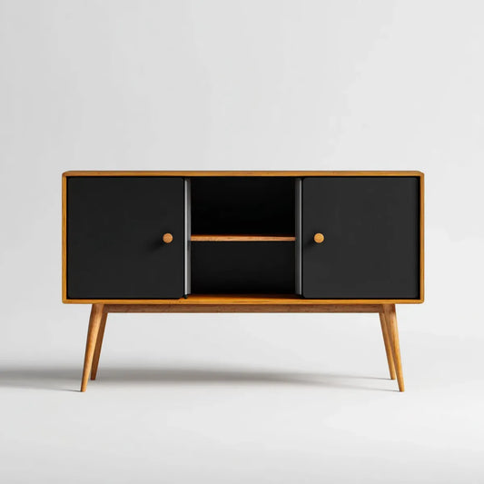 Buffet bas à portes coulissantes noir et bois 140 x 40 x 85 cm en bois massif et MDF rectangulaire