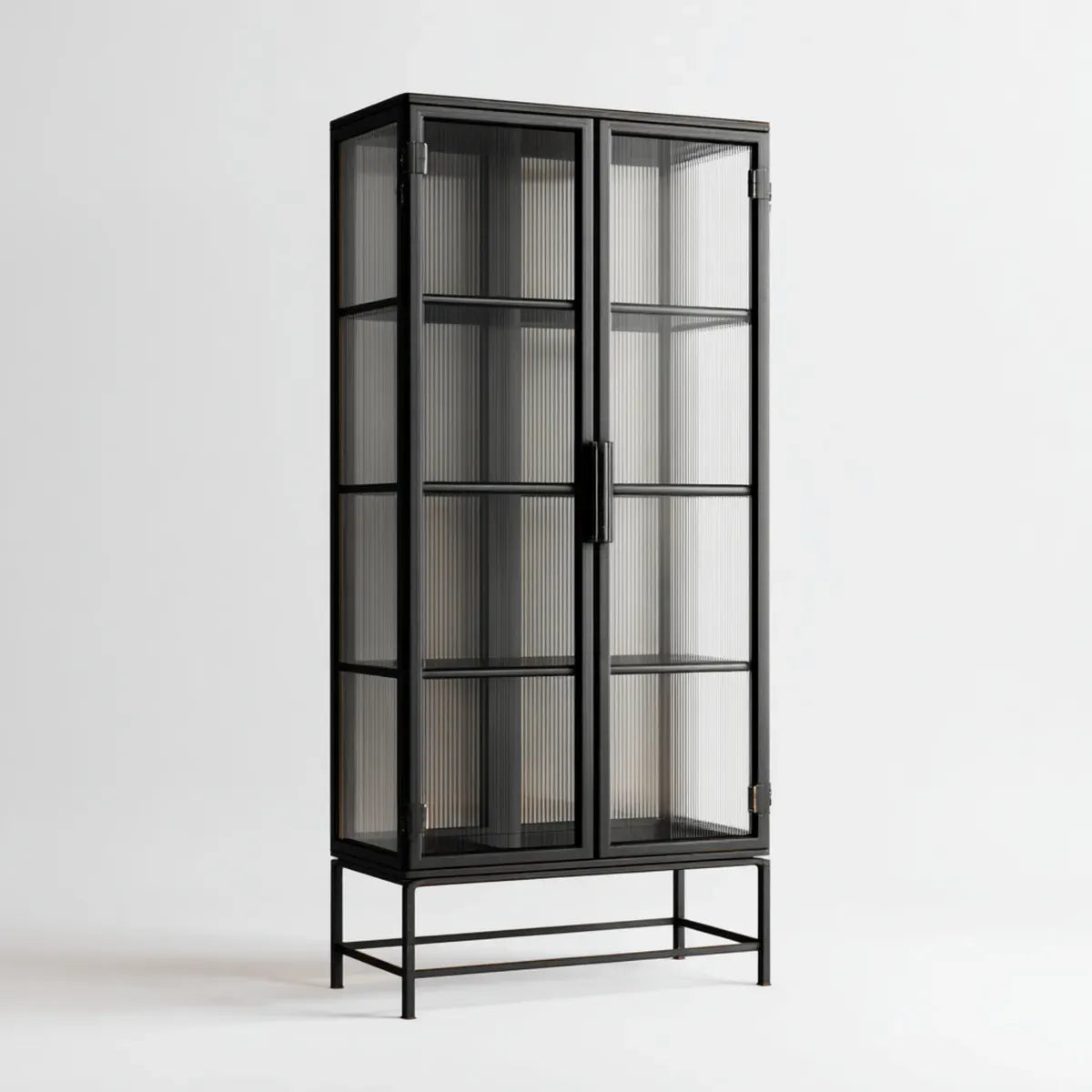 Vitrine de salon rectangulaire noire en acier et verre trempé cannelé 80 x 40 x 180 cm