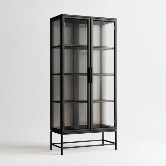 Vitrine de salon rectangulaire noire en acier et verre trempé cannelé 80 x 40 x 180 cm