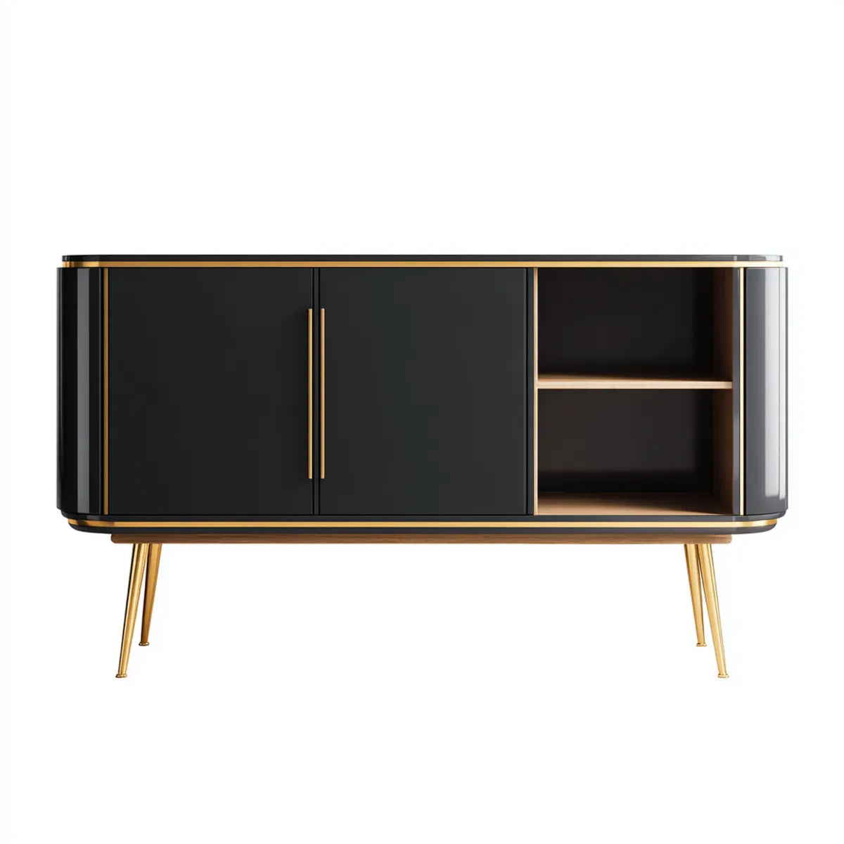 Buffet de salon noir et doré rectangulaire en panneaux MDF et acier inoxydable 160 x 40 x 85 cm