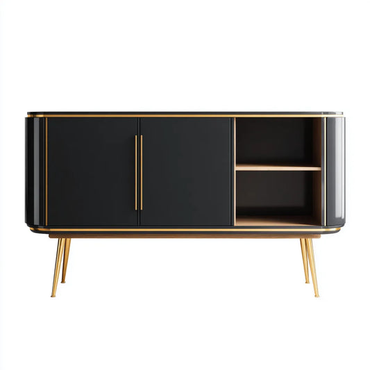 Buffet de salon noir et doré rectangulaire en panneaux MDF et acier inoxydable 160 x 40 x 85 cm
